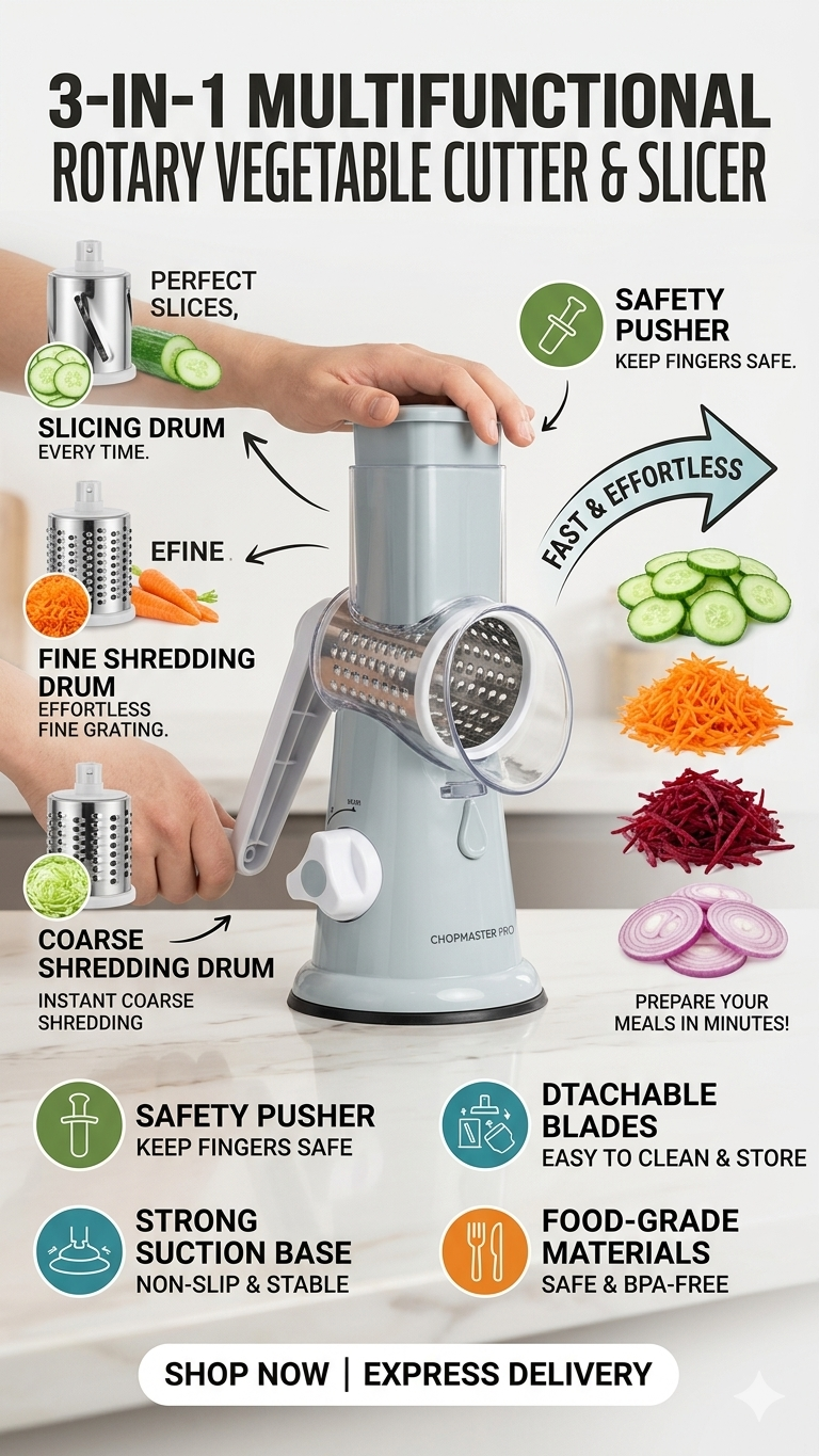 3-in-1 Multifunctional Rotary Vegetable Cutter & Slicer – Fast & Easy Kitchen Grater