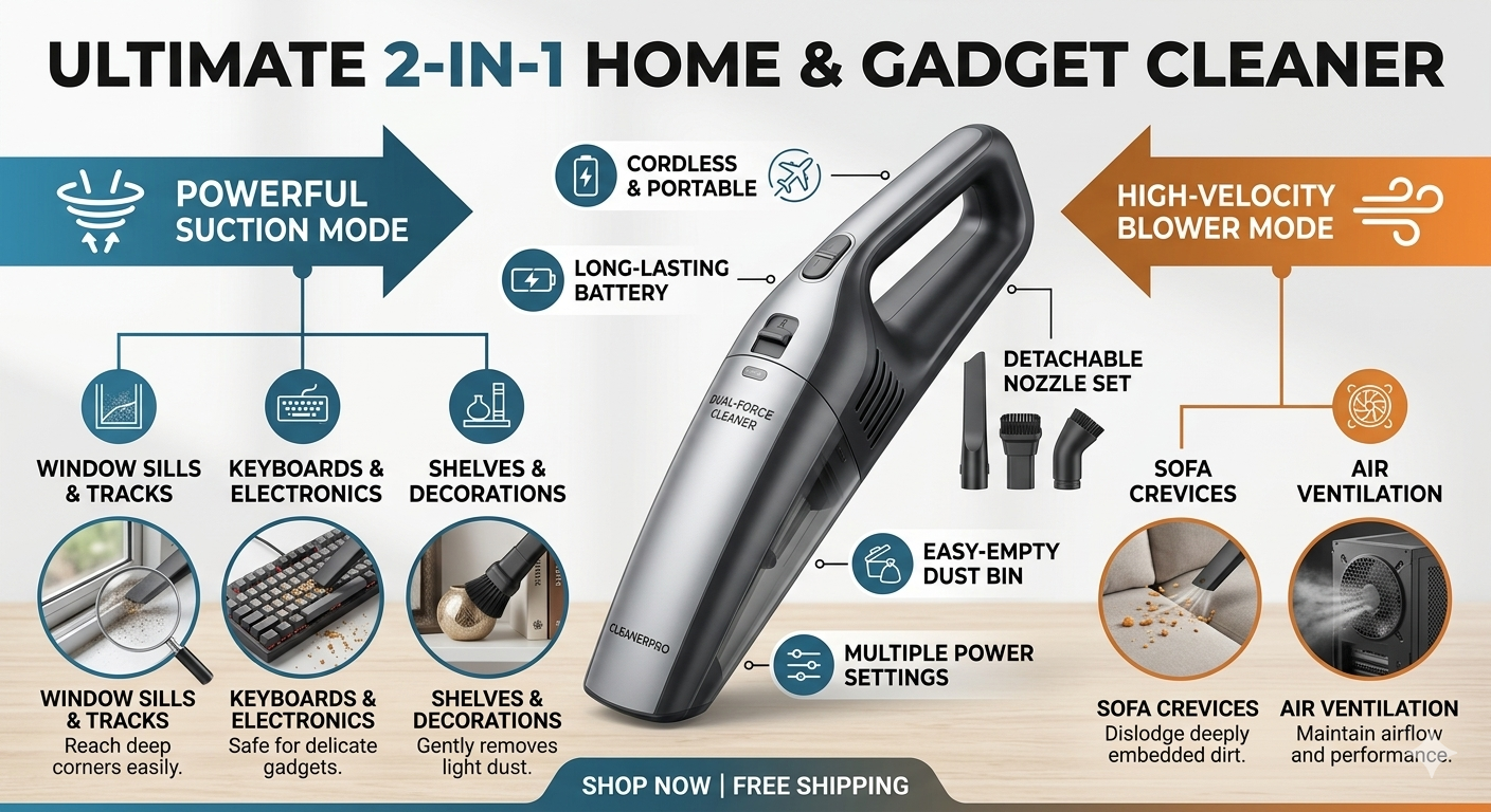 2-in-1 Cordless Handheld Vacuum & Air Blower – Multi-Purpose Deep Cleaner for Home & Gadgets